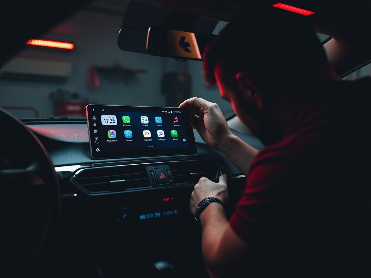 Fitter installing a touchscreen head unit in the dashboard