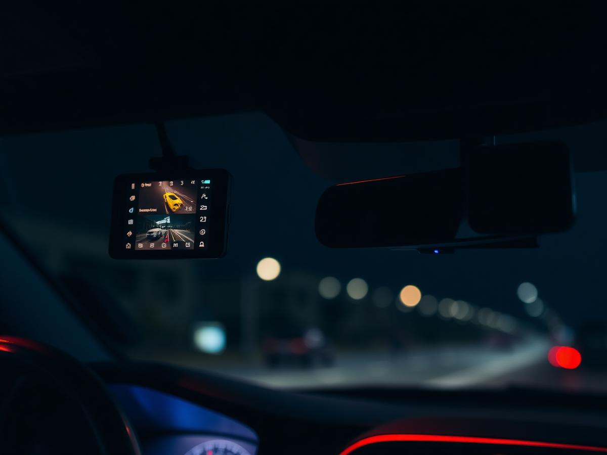 Dash camera mounted on the windscreen during a night drive