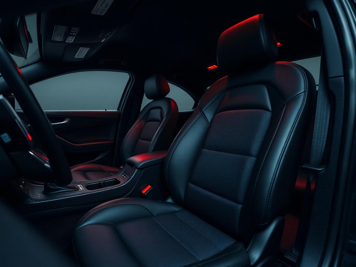 Black leather cabin lit by red ambient lighting