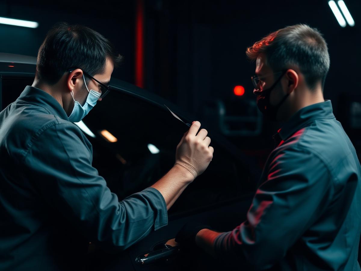 Two fitters applying window film to a door glass